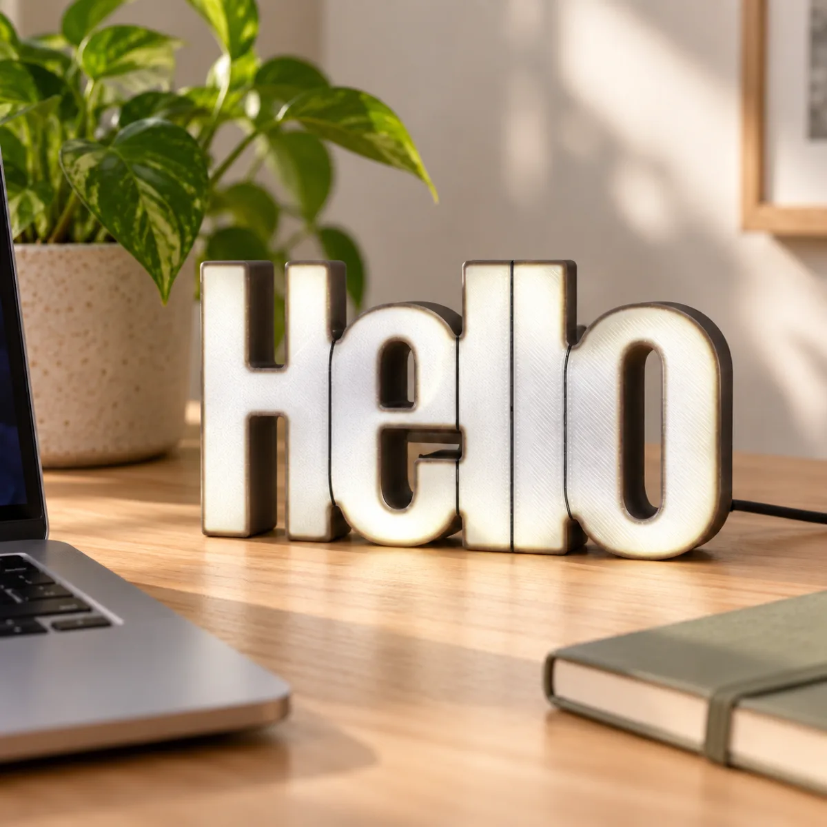 LED light box spelling Hello on a wooden desk beside a laptop