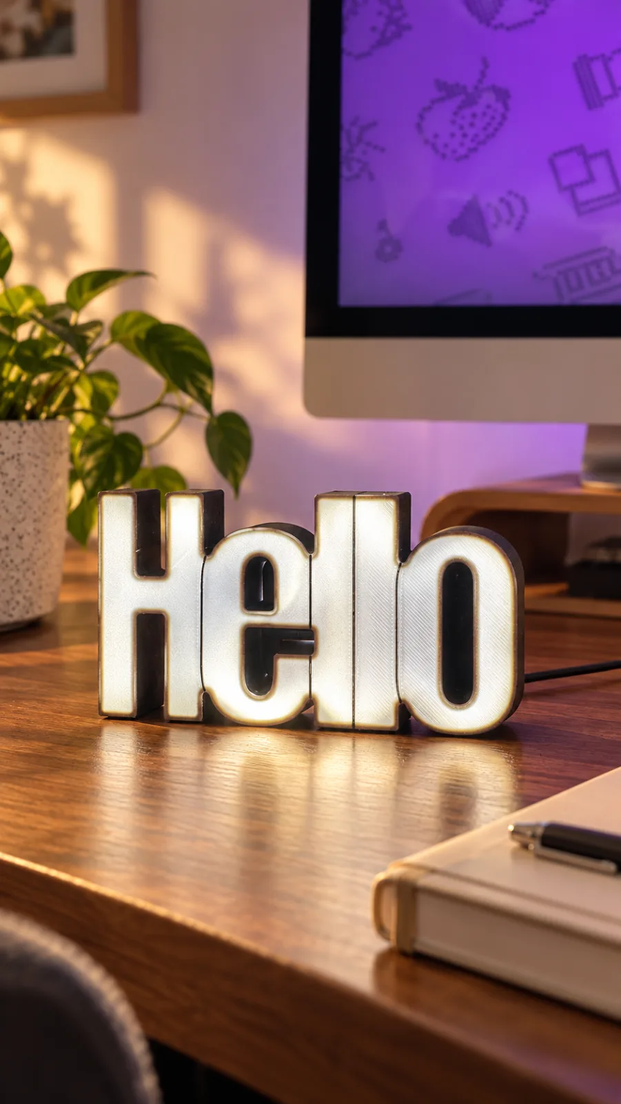 LED light box spelling Hello glowing on a desk in front of a monitor